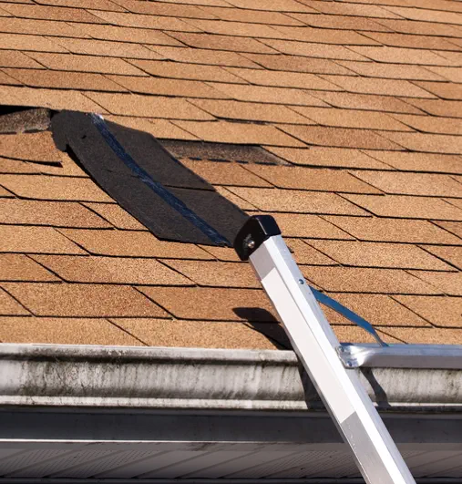 Burroughs Roofing can repair roof damage like the missing tiles shown in this picture of a roof needing repair